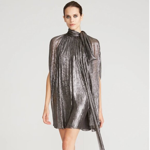 Halston | OPHELIA LUREX CHIFFON DRESS | Silver cape dress - Picture 2 of 6